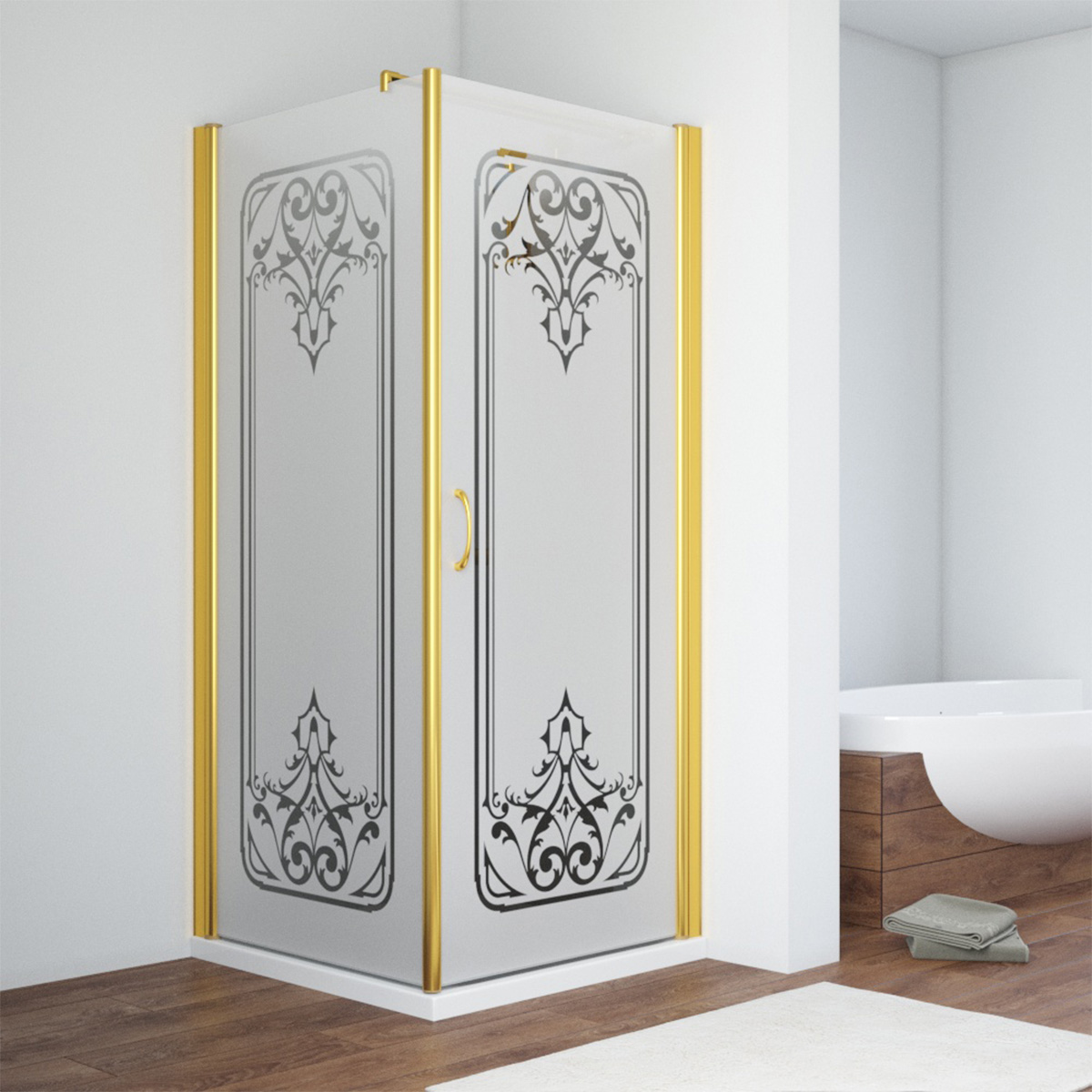 Душевой уголок Vegas Glass EP-Fis 90 09 ARTDECOR D1 R, профиль золото глянцевое, стекло сатин, рисунок прозрачный