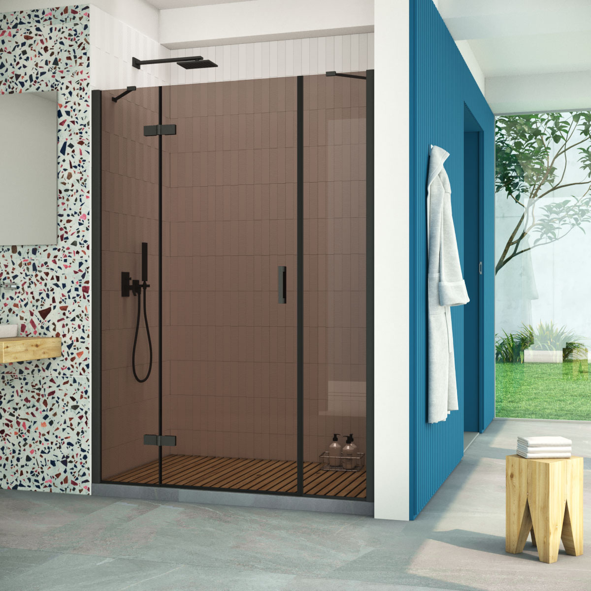 Душевая дверь в нишу Vegas Glass AFP-F Retta 140 02М 05 L, профиль черный матовый стекло бронза