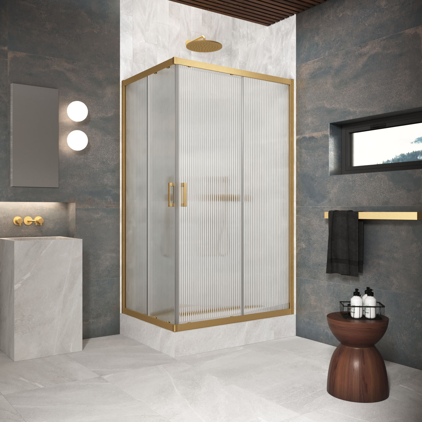 Душевой уголок Vegas Glass ZA-F Protec h1900 120*85 03 Moru, профиль золото матовое, стекло Moru