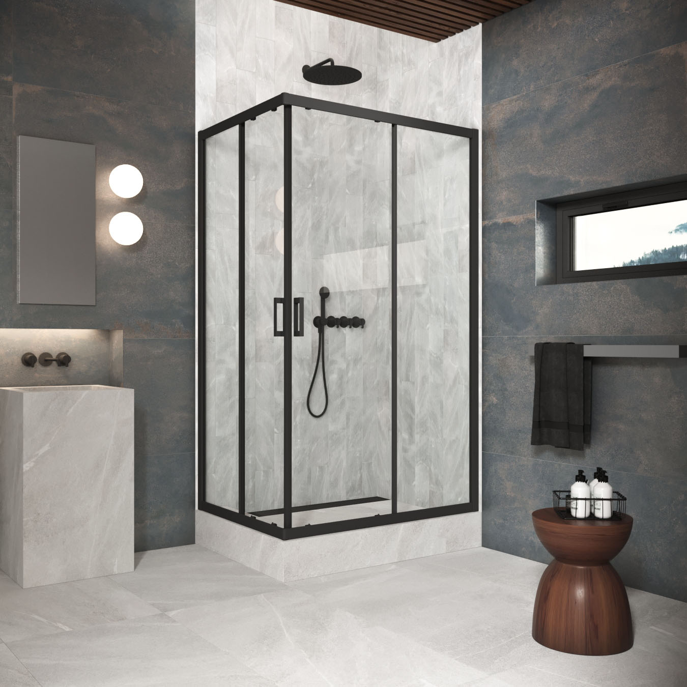 Душевой уголок Vegas Glass ZA-F Protec 120*100 02М 01, профиль черный матовый, стекло прозрачное