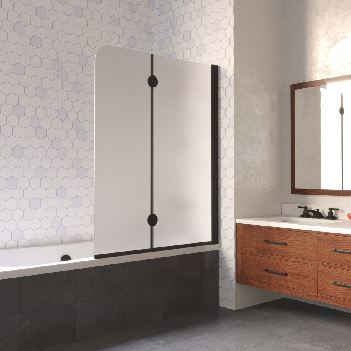 Шторка на ванну Vegas Glass E2V LUX 120 02М 10 R, профиль черный матовый, стекло сатин