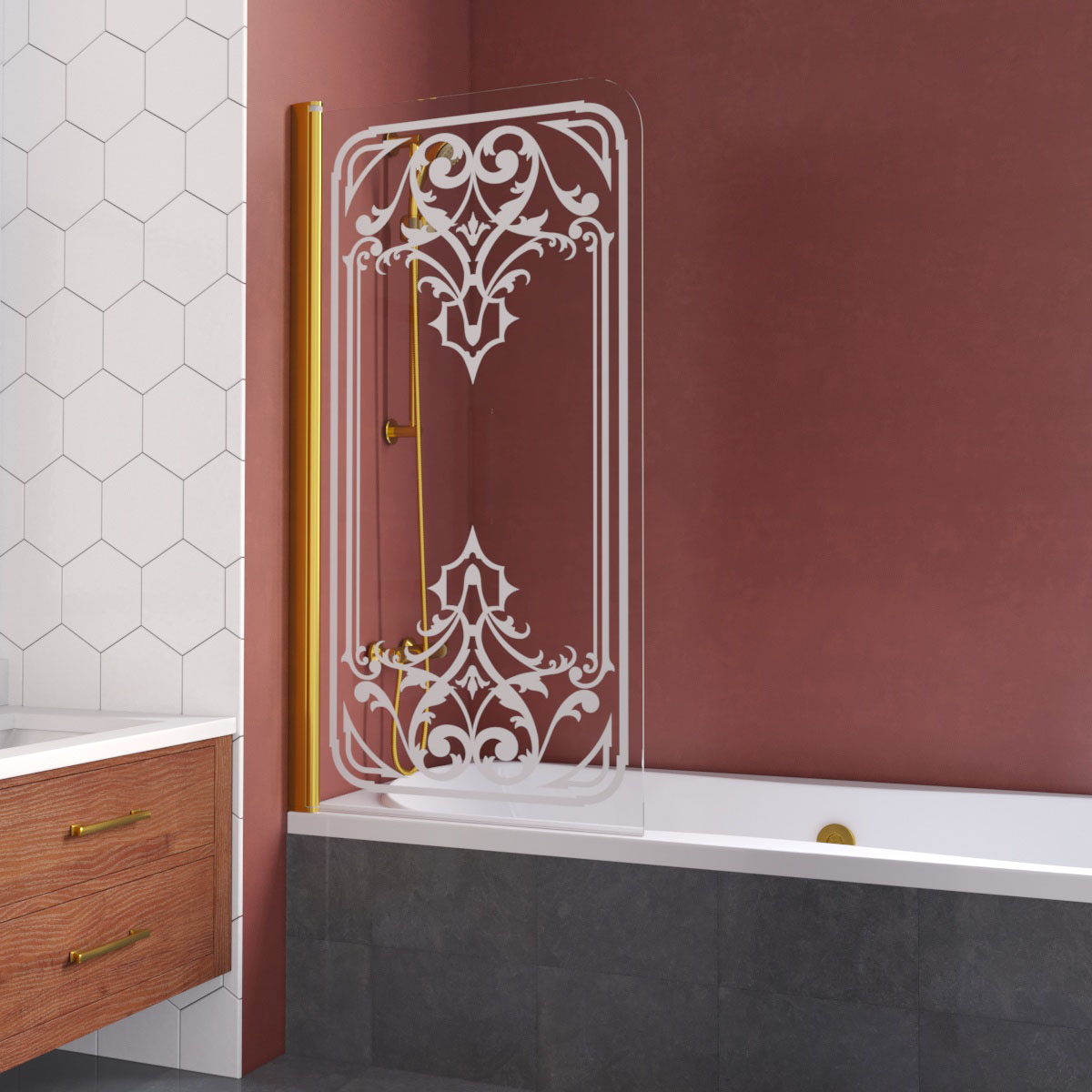 Шторка на ванну Vegas Glass EV LUX 75 09 ARTDECO D2 L, профиль золото глянцевое, стекло с декором