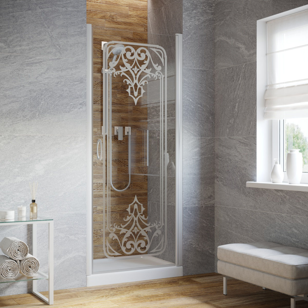 Душевая дверь в нишу Vegas Glass EP LUX 90 01 ARTDECO D1 R, профиль белый, стекло прозрачное, рисунок сатин