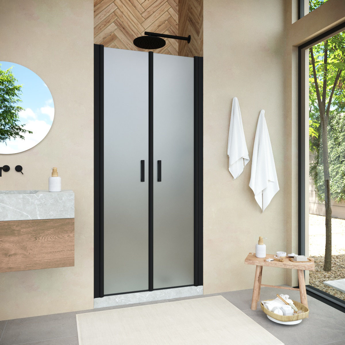 Душевая дверь в нишу Vegas Glass  E2P NOVO 120 02М 10, профиль черный матовый, стекло сатин