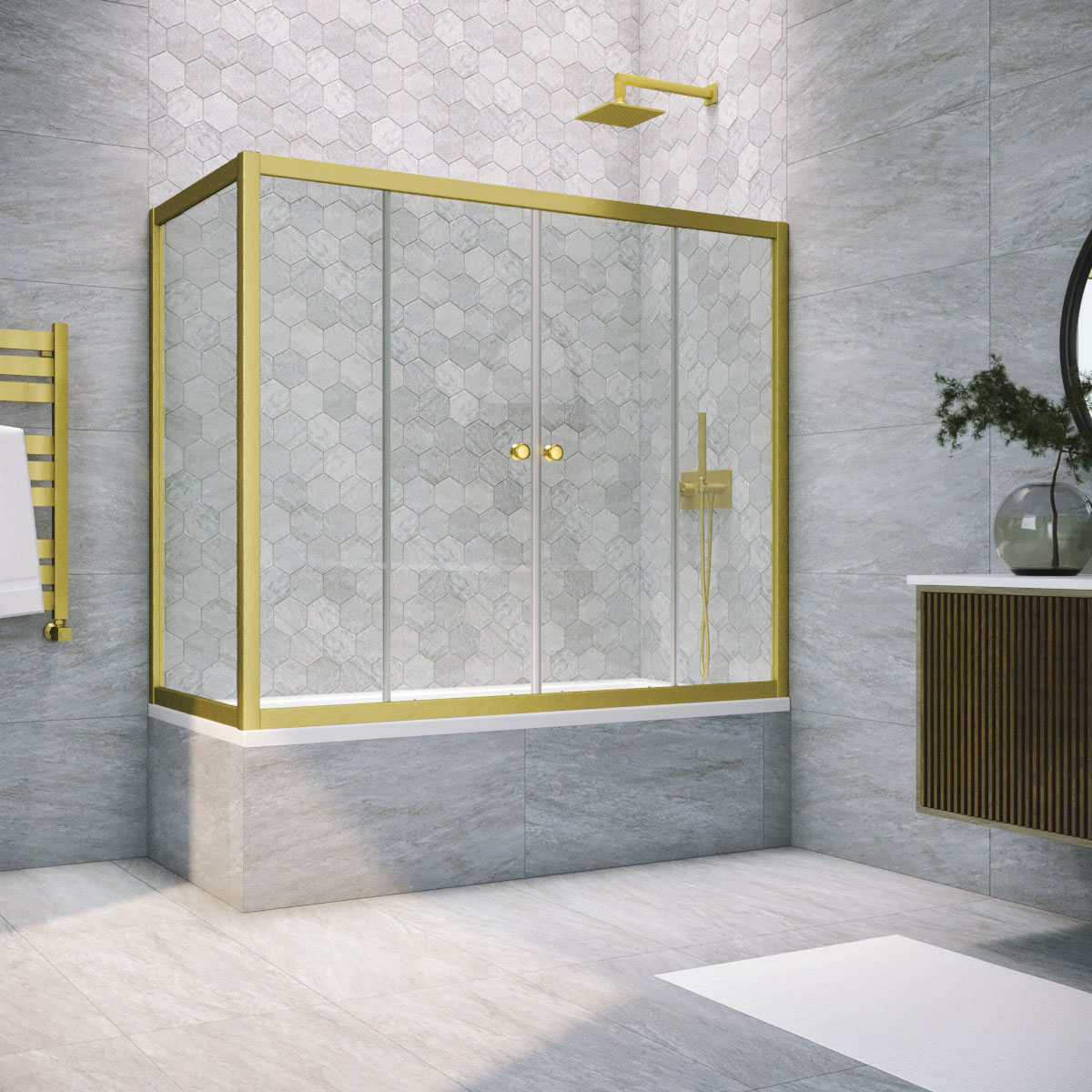 Шторка на ванну Vegas Glass Z2V+ZVF NOVO 170*75 03 01, профиль золото матовое, стекло прозрачное