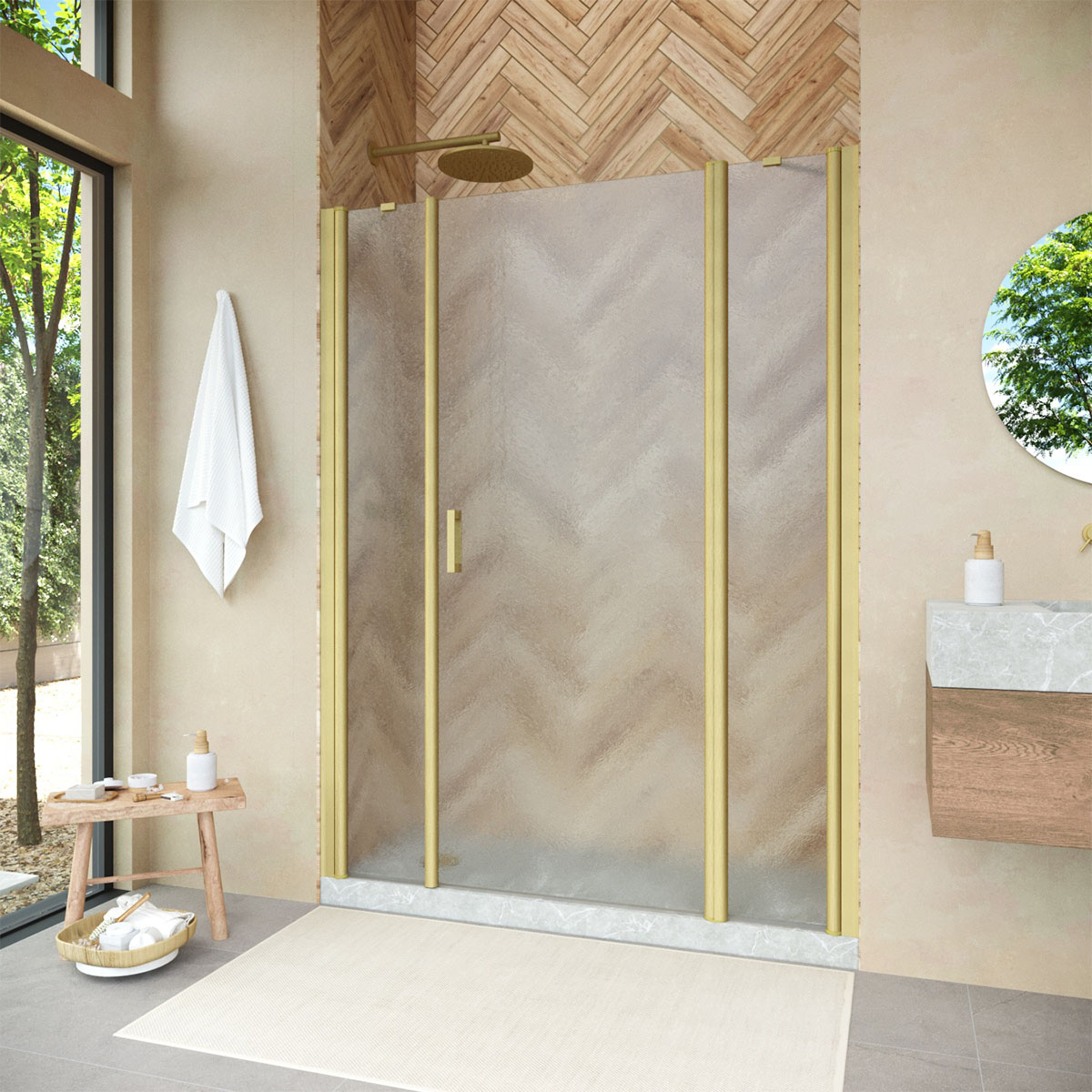 Душевая дверь в нишу Vegas Glass  EP-2F NOVO h2000 145 03 02 R, профиль золото матовое, стекло шиншилла