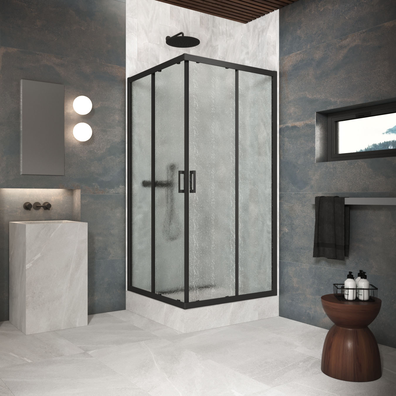 Душевой уголок Vegas Glass ZA Protec h1900 90 02М 02, профиль черный матовый, стекло шиншилла