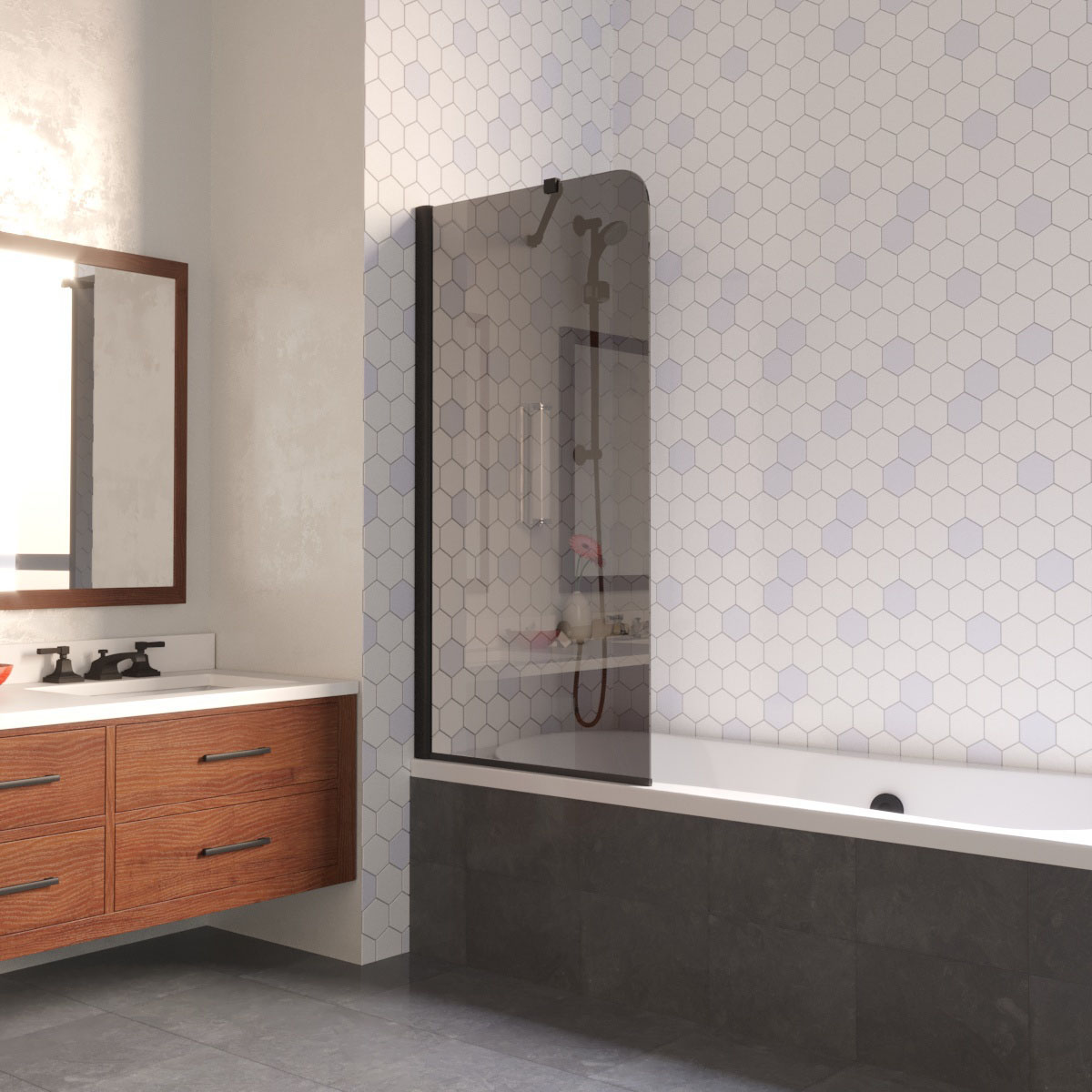 Шторка на ванну Vegas Glass EV LUX ST 76 02М 07 L, профиль черный матовый, стекло графит