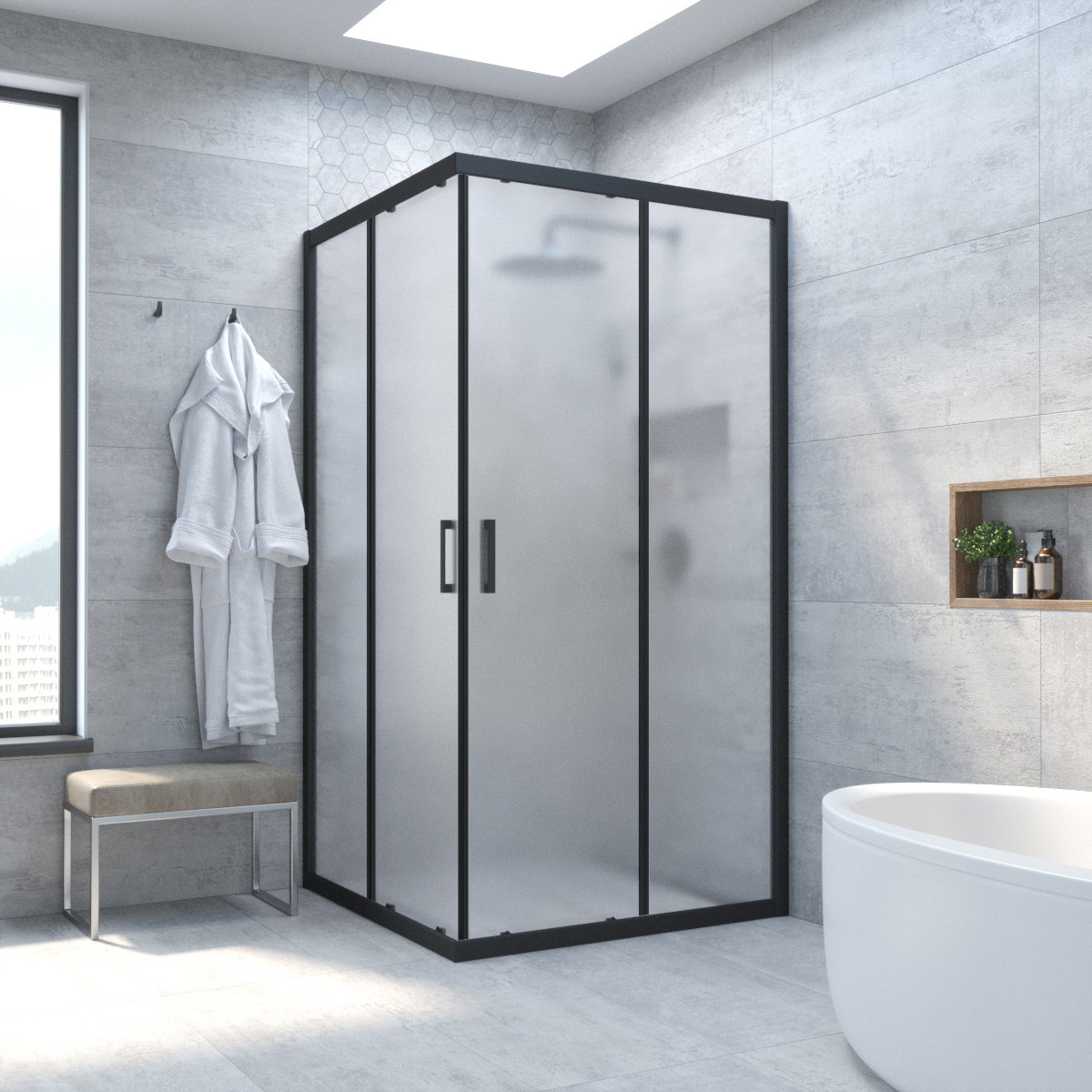 Душевой уголок Vegas Glass ZA NOVO h2000 80 02М 10, профиль черный матовый, стекло сатин