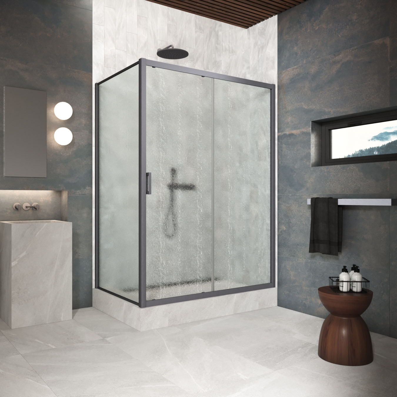 Душевой уголок Vegas Glass ZP+ZPV Protec 105*95 06 02, профиль GunMetal, стекло шиншилла