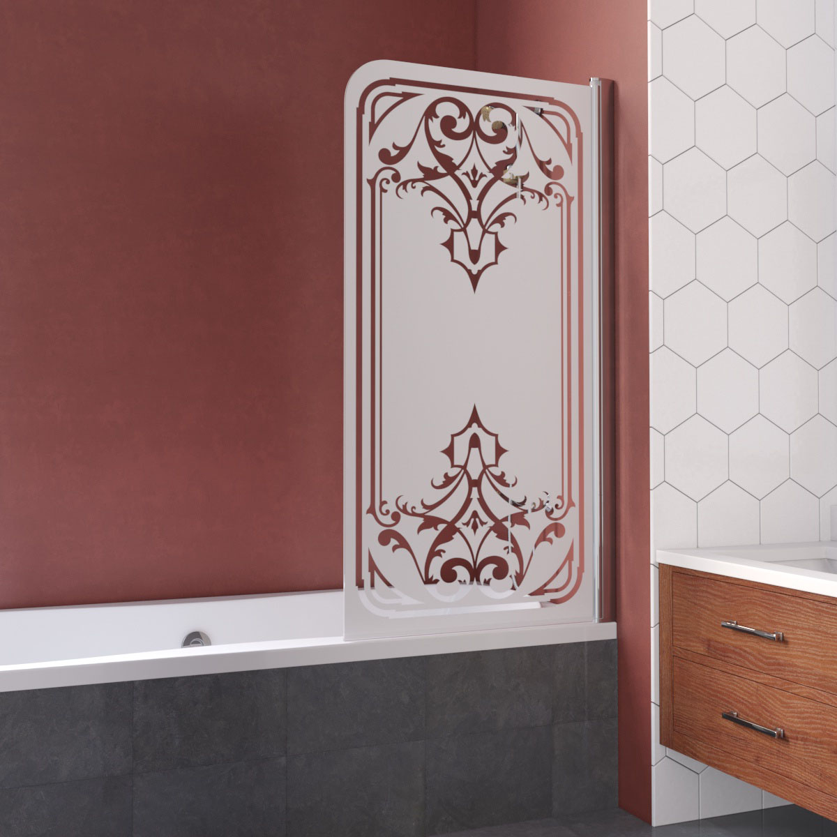 Шторка на ванну Vegas Glass EV LUX 75 08 ARTDECO D1 R, профиль глянцевый хром, стекло с декором