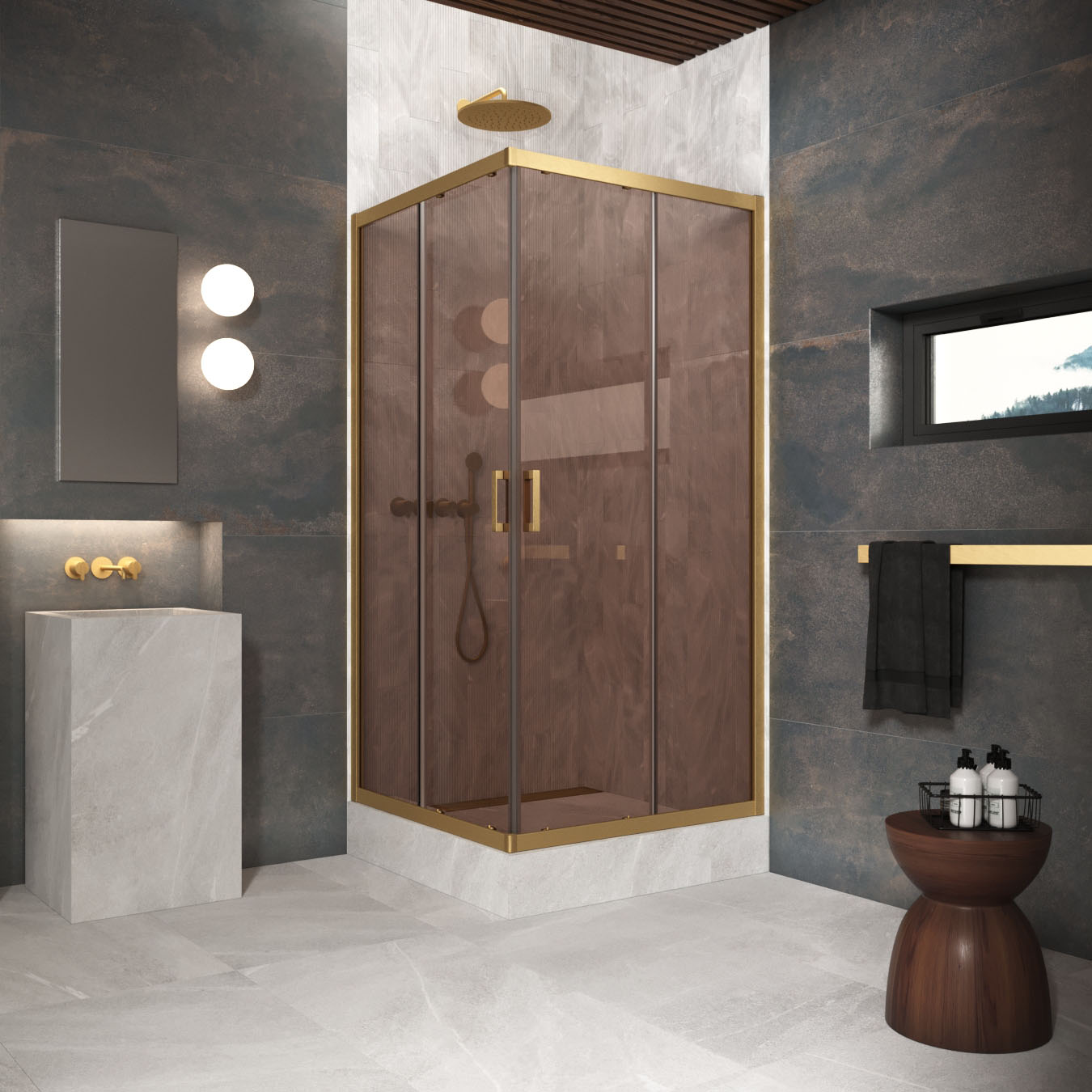 Душевой уголок Vegas Glass ZA Protec 120 03 05, профиль золото матовое, стекло бронза