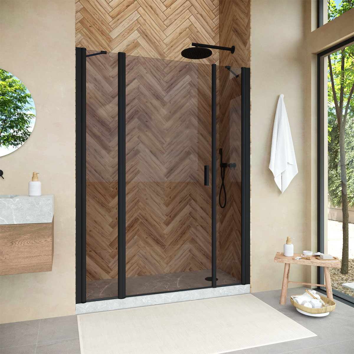 Душевая дверь в нишу Vegas Glass  EP-2F NOVO h2000 145 02М 05 L, профиль черный матовый, стекло бронза