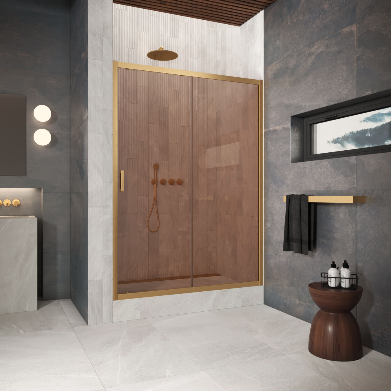 Душевая дверь в нишу Vegas Glass  ZP Protec 120 03 05, профиль золото матовое, стекло бронза