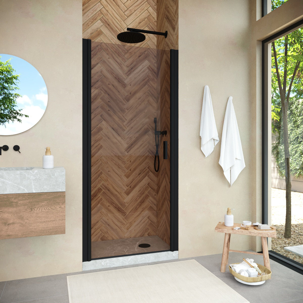 Душевая дверь в нишу Vegas Glass  EP NOVO h2000 75 02М 05, профиль черный матовый, стекло бронза