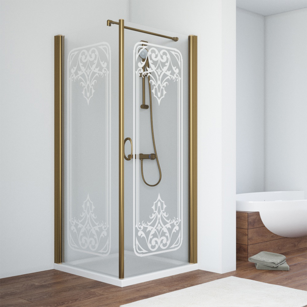 Душевой уголок Vegas Glass EP-Fis 90 05 ARTDECOR D2 R, профиль бронза, стекло прозрачное, рисунок сатин