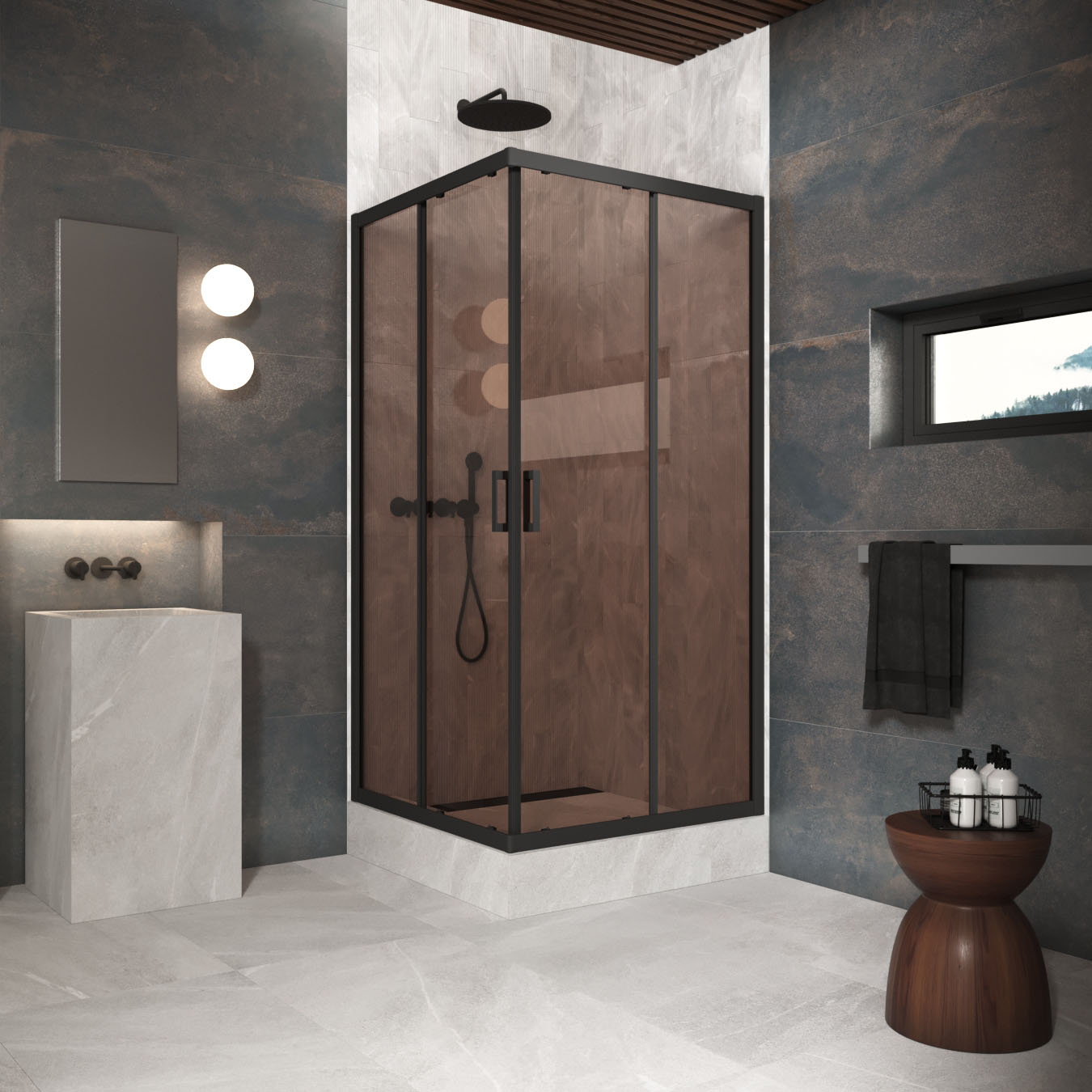 Душевой уголок Vegas Glass ZA Protec h1900 80 02М 05, профиль черный матовый, стекло бронза