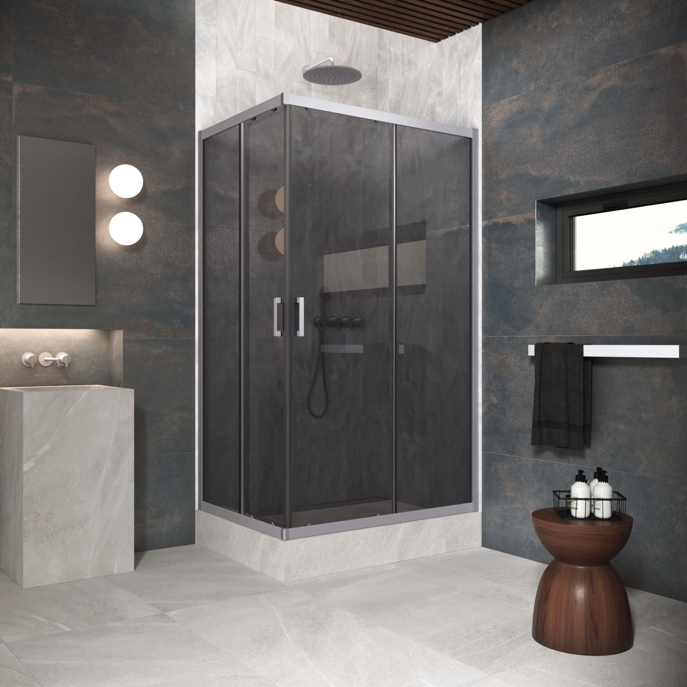 Душевой уголок Vegas Glass ZA-F Protec h1900 90*85 07 07, профиль матовый хром, стекло графит