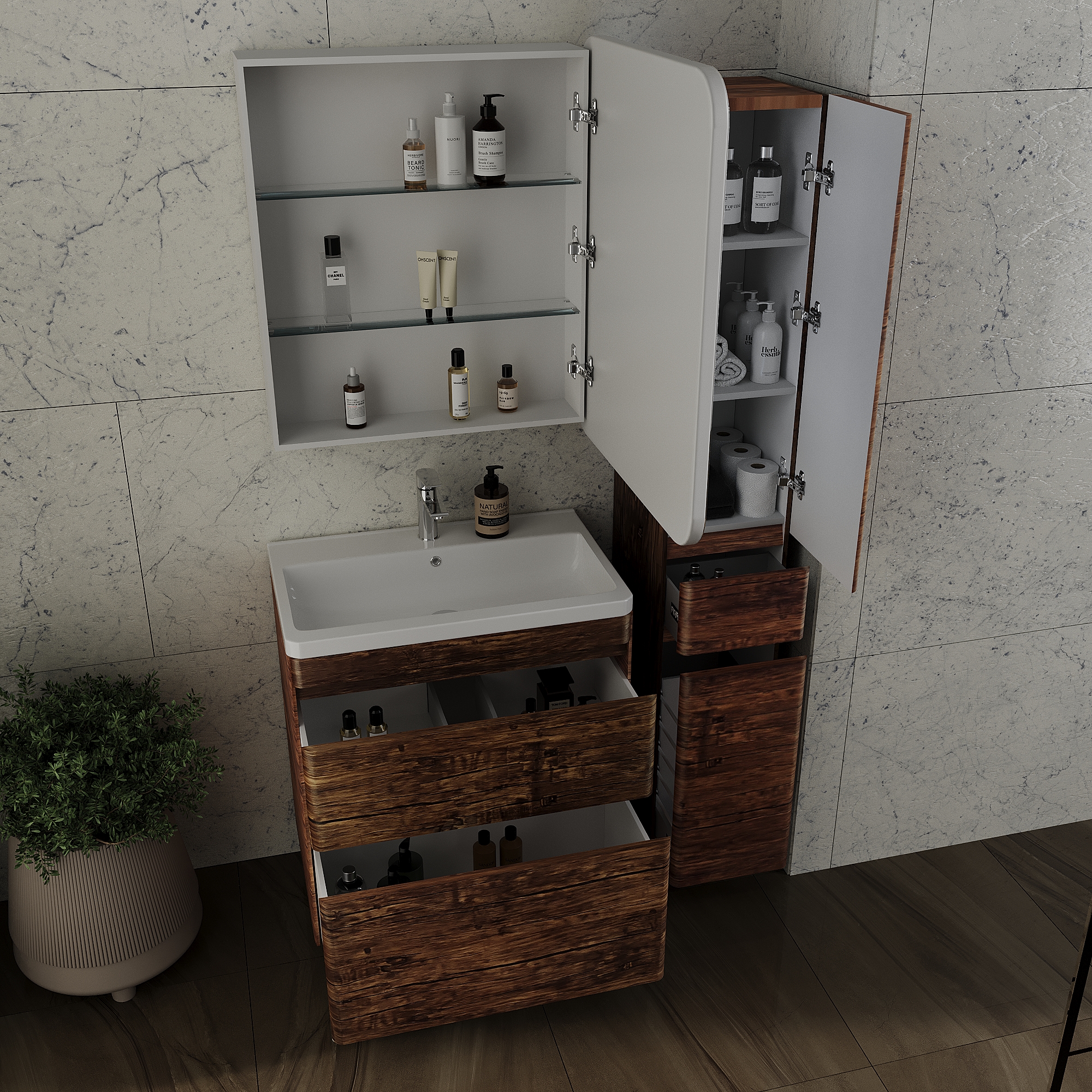 Тумба с раковиной Style Line Атлантика 70 Люкс старое дерево, Plus напольная