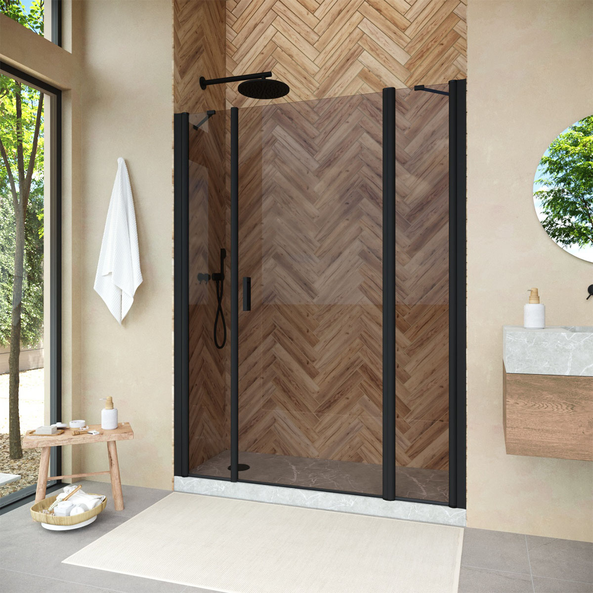 Душевая дверь в нишу Vegas Glass  EP-2F NOVO 130 02М 05 R, профиль черный матовый, стекло бронза