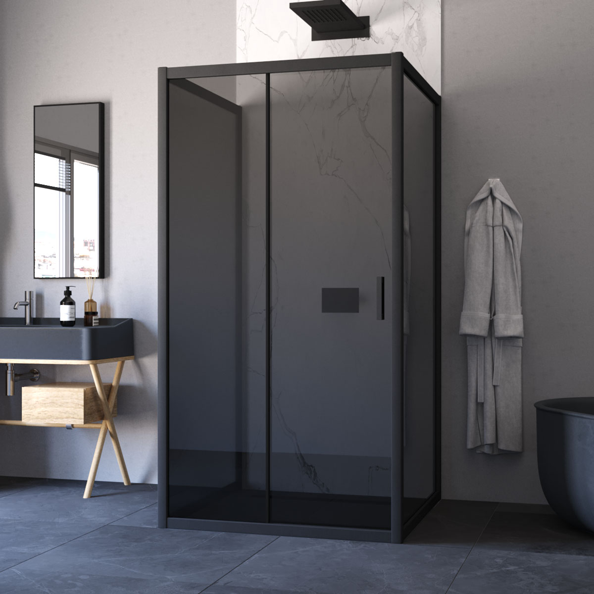 Душевой уголок Vegas Glass ZP-U NOVO 100*90 02М 07, профиль черный матовый, стекло графит