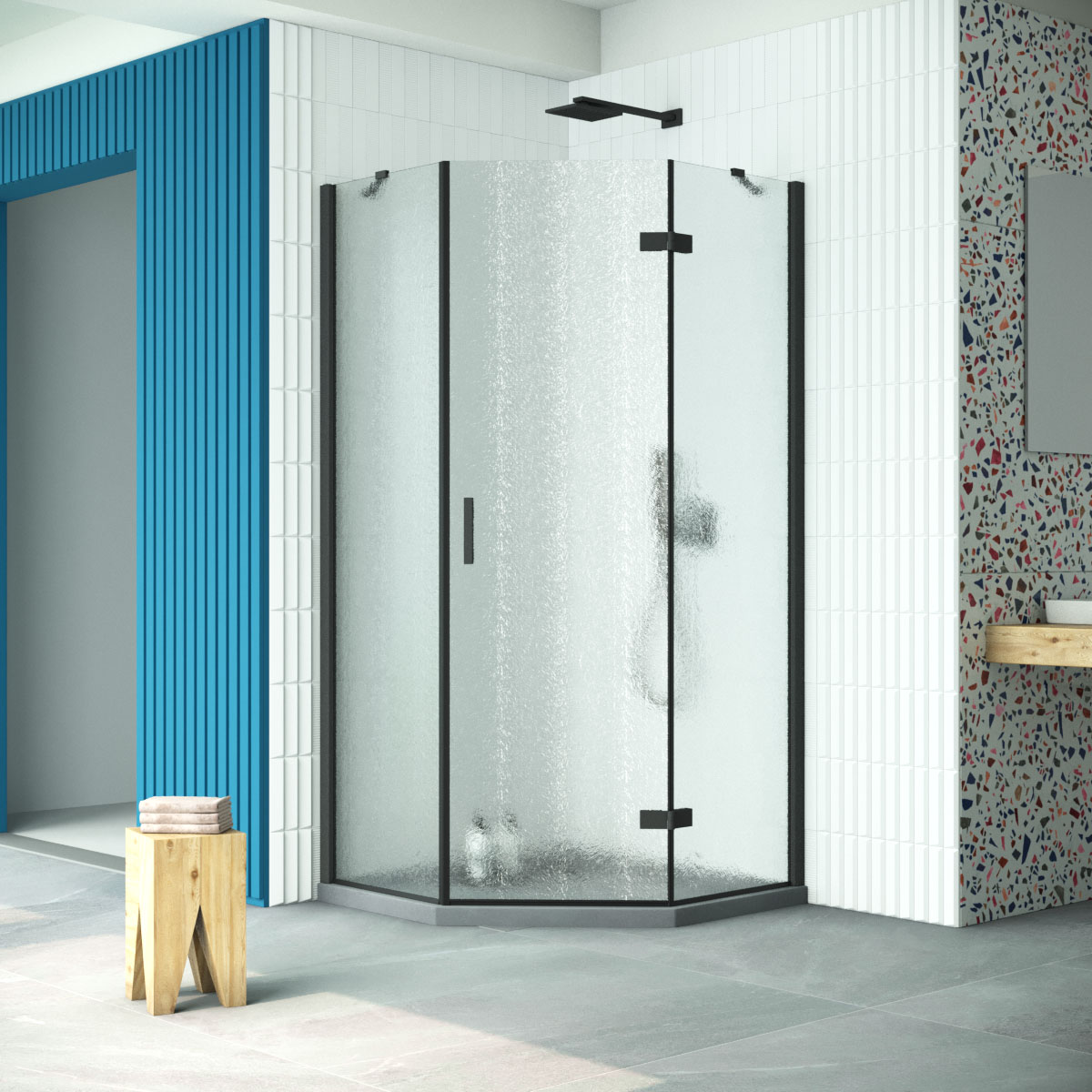 Душевой уголок Vegas Glass AFA-Pen Retta 90 02М 02 R, профиль черный матовый, стекло шиншилла