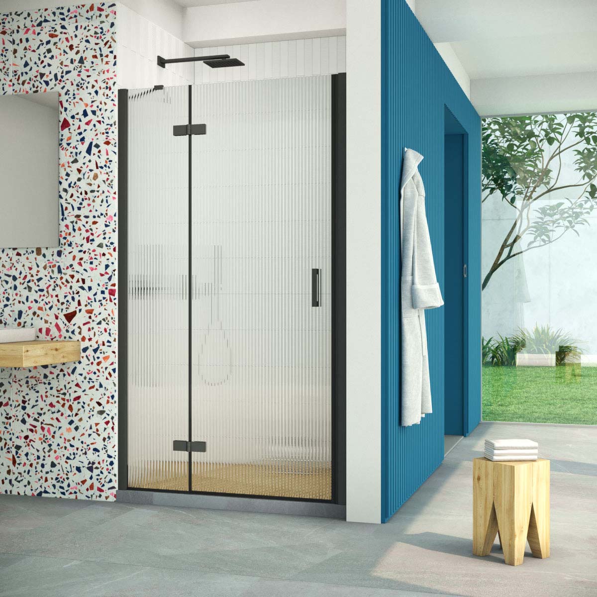 Душевая дверь в нишу Vegas Glass AFP Retta 110 02М Moru L, профиль черный матовый, стекло Moru