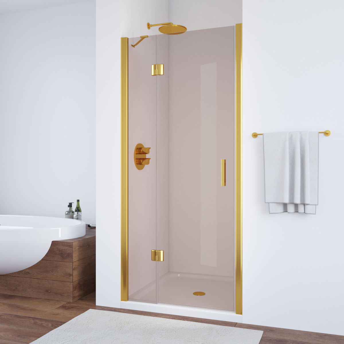 Душевая дверь в нишу Vegas Glass AFP NOVO 90 09 05 L, профиль золото глянцевое, стекло бронза