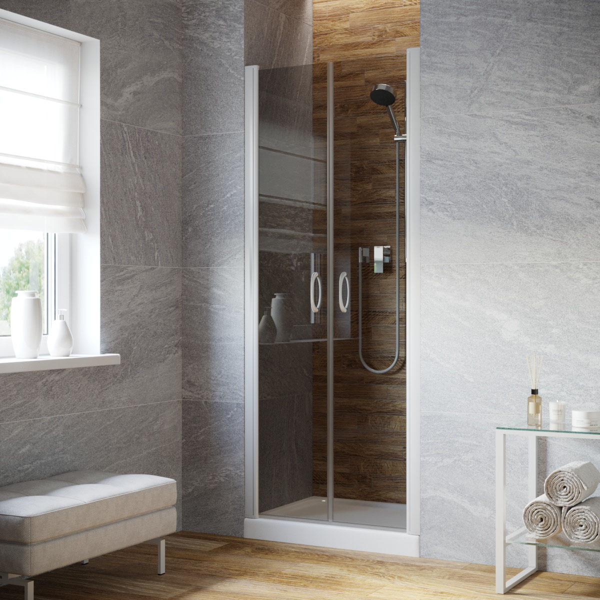 Душевая дверь в нишу Vegas Glass Е2Р LUX 85 01 07, профиль белый, стекло графит