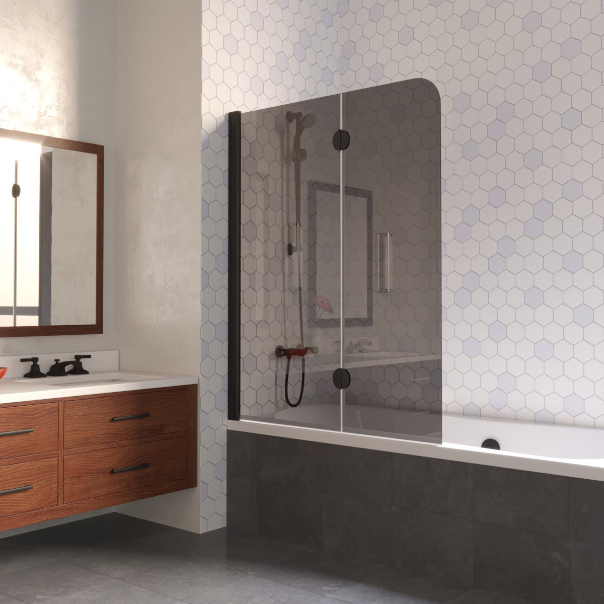 Шторка на ванну Vegas Glass E2V LUX 120 02М 07 L, профиль черный матовый, стекло графит