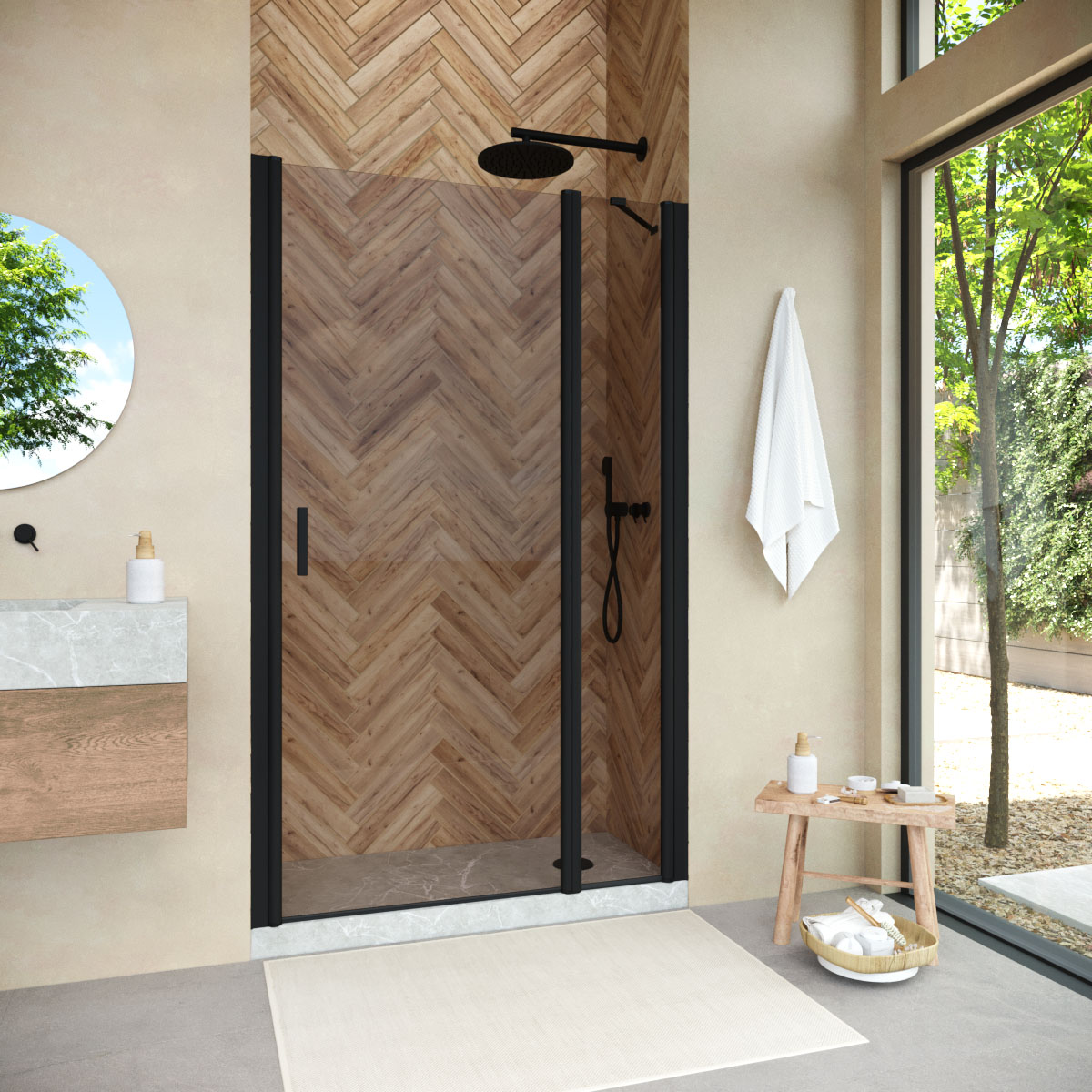 Душевая дверь в нишу Vegas Glass  EP-F-1 NOVO 100 02М 05 R, профиль черный матовый, стекло бронза