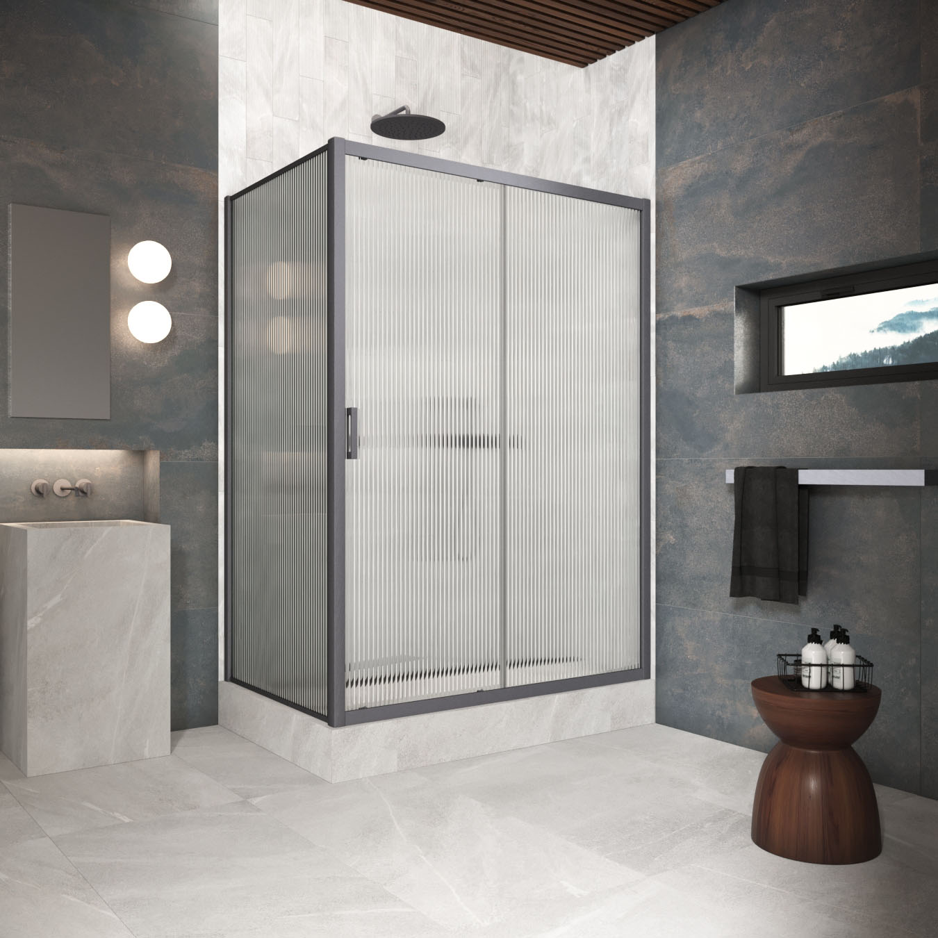 Душевой уголок Vegas Glass ZP+ZPV Protec 135*100 06 Moru, профиль GunMetal, стекло Moru