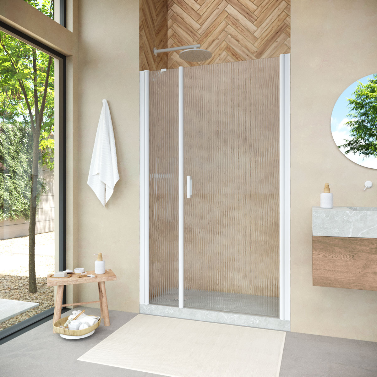 Душевая дверь в нишу Vegas Glass  EP-F-2 NOVO 140 01 Moru R, профиль белый, стекло Moru