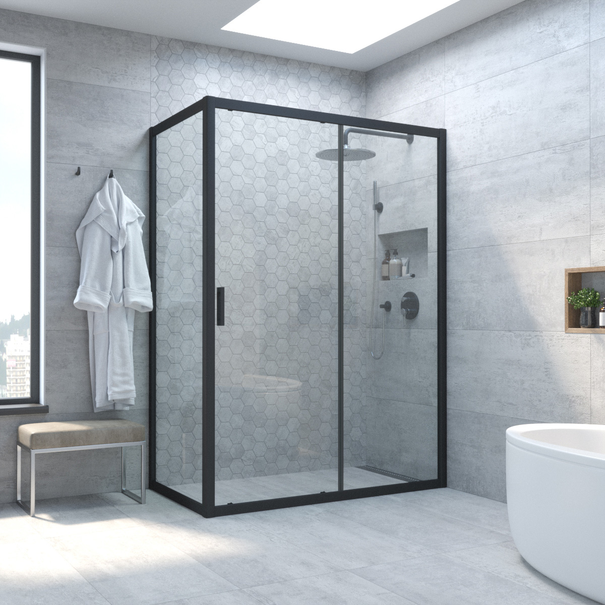 Душевой уголок Vegas Glass ZP+ZPV NOVO 100*85 02М 01, профиль черный матовый, стекло прозрачное