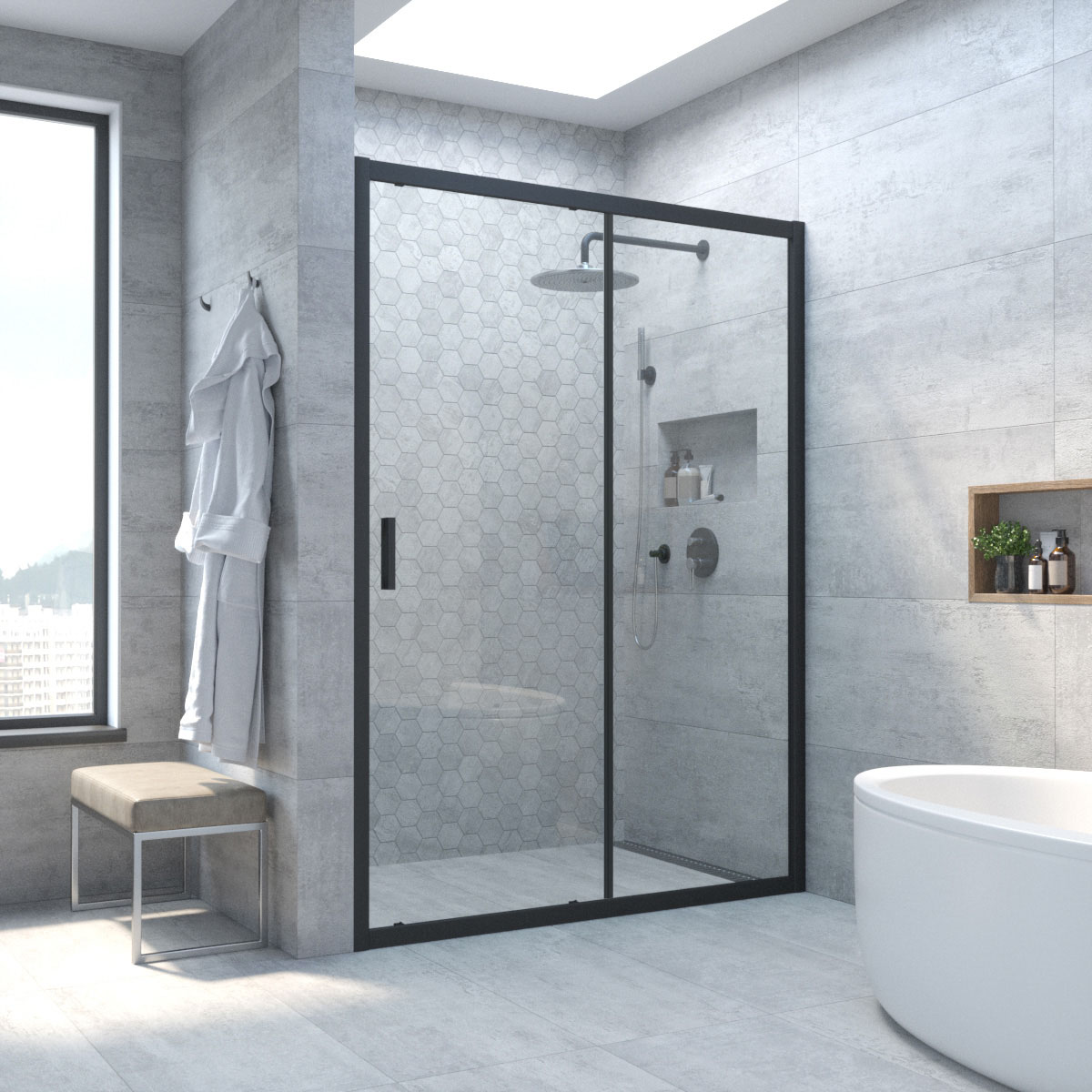 Душевая дверь в нишу Vegas Glass ZP NOVO h2000 165 02М 01, профиль черный матовый, стекло прозрачное