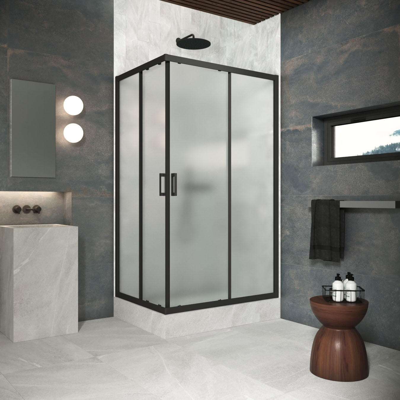 Душевой уголок Vegas Glass ZA-F Protec h1900 120*85 02М 10, профиль черный матовый, стекло сатин