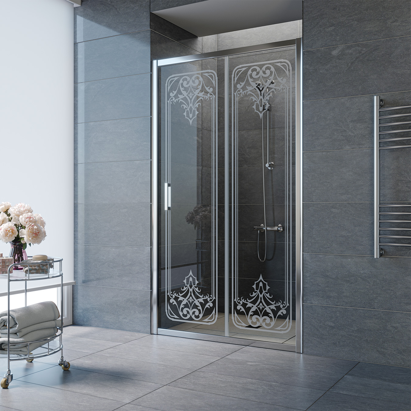 Душевая дверь в нишу Vegas Glass ZP TUR NOVO h1900 170 08 VENZEL 2, профиль глянцевый хром, стекло прозрачное, рисунок сатин