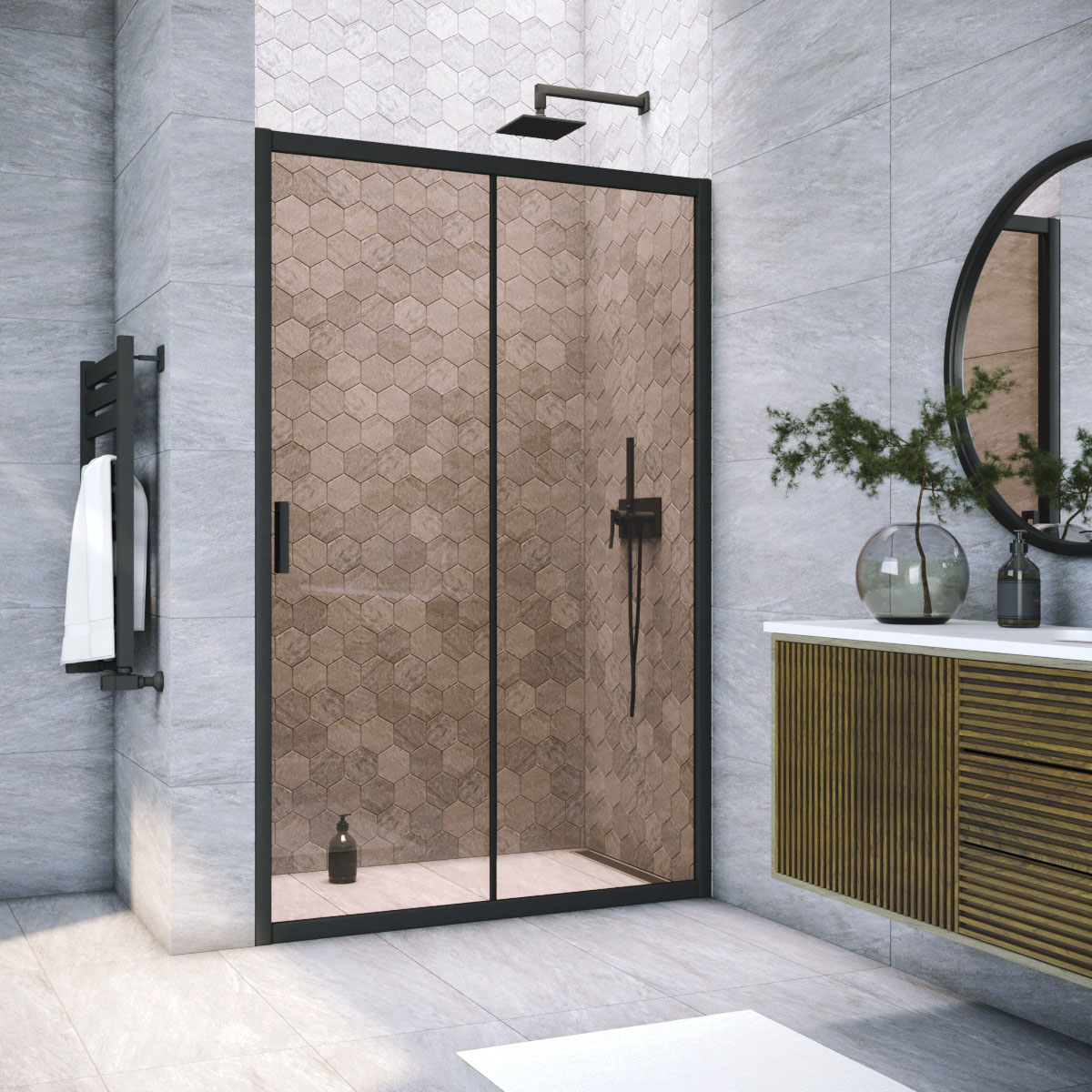 Душевая дверь в нишу Vegas Glass  ZP NOVO h2000 135 02М 05, профиль черный матовый, стекло бронза