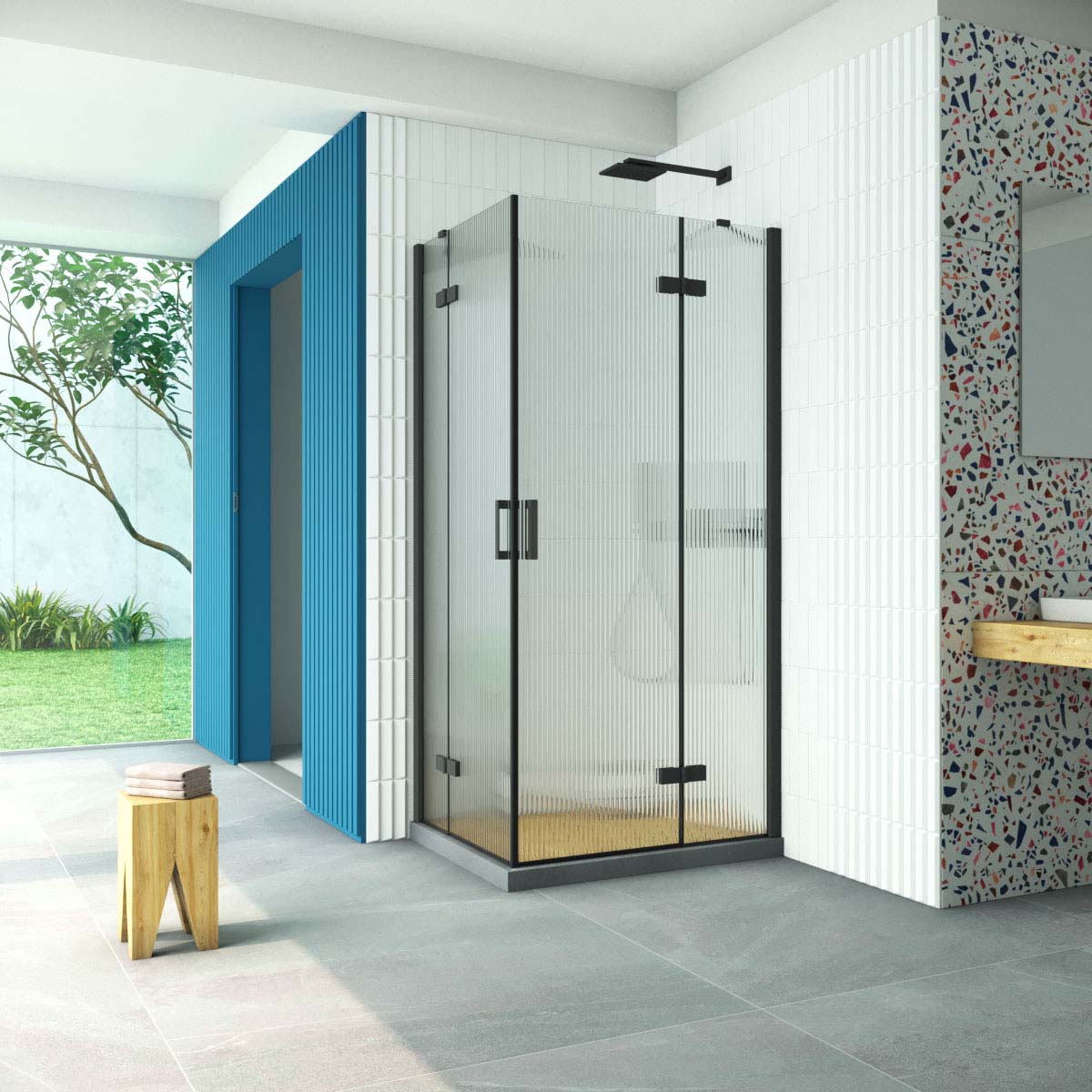 Душевой уголок Vegas Glass AFA-F Retta 100*90 02М Moru R, профиль черный матовый стекло Moru