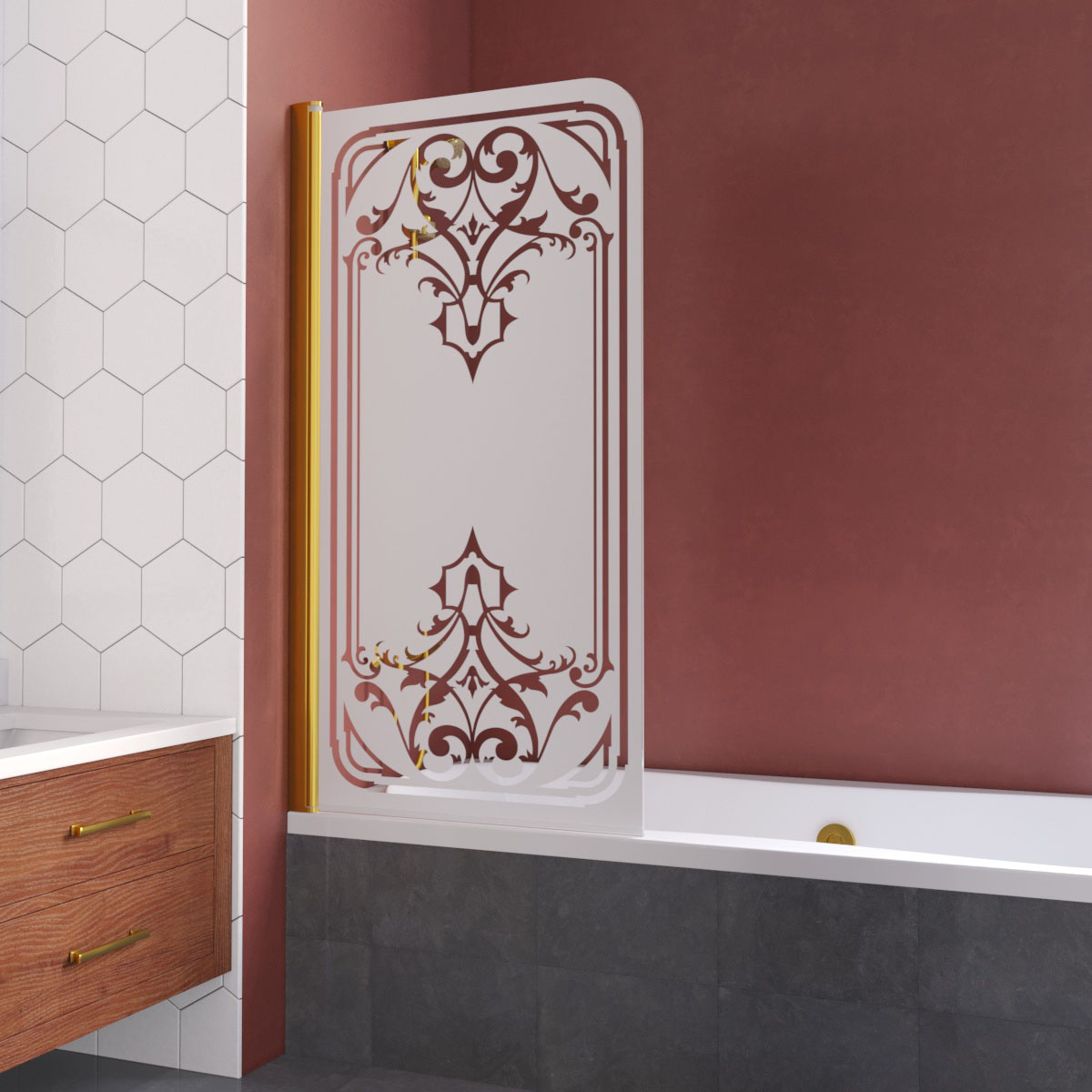Шторка на ванну Vegas Glass EV LUX 75 09 ARTDECO D1 L, профиль золото глянцевое, стекло с декором