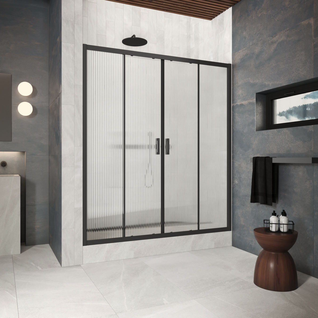 Душевая дверь в нишу Vegas Glass  Z2P Protec 195 02М Moru, профиль черный матовый, стекло Moru