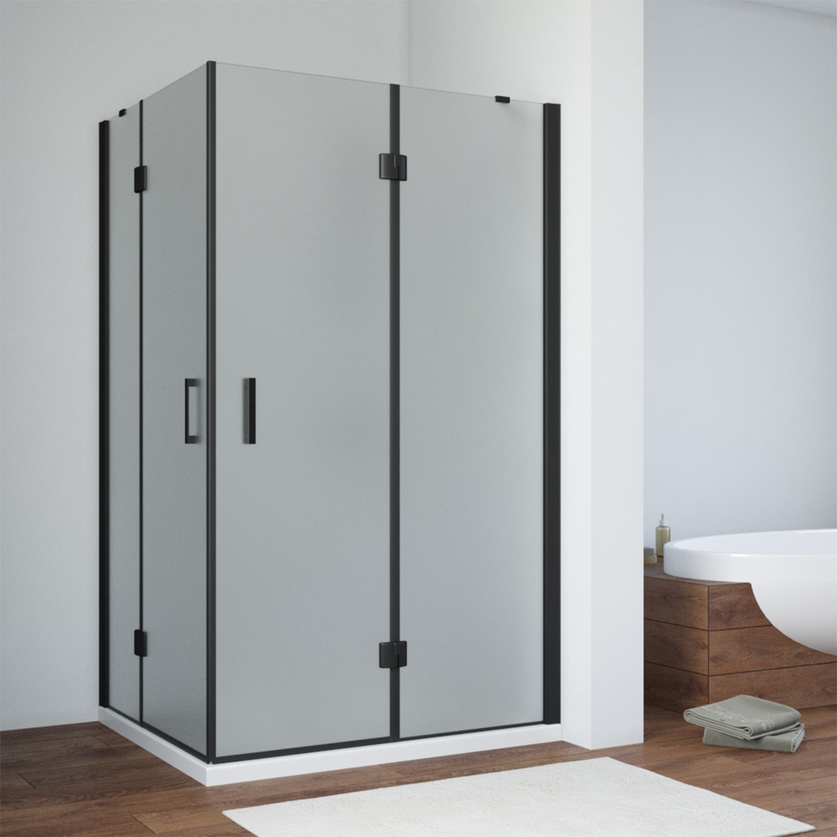 Душевой уголок Vegas Glass AFA-F NOVO 90*80 02М 10 R, профиль черный матовый, стекло сатин