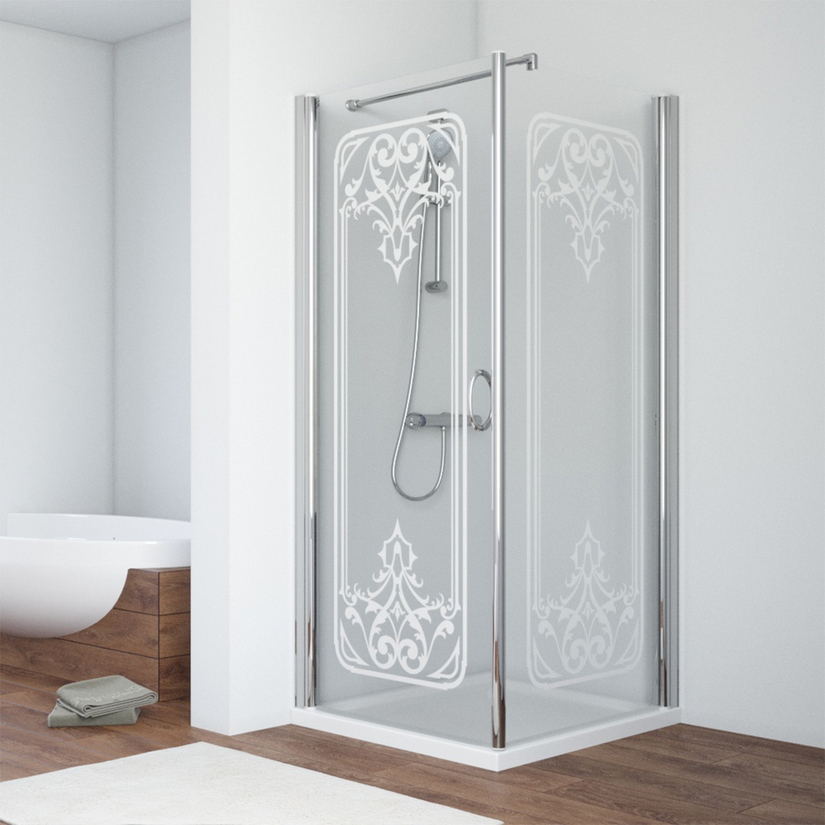 Душевой уголок Vegas Glass EP-Fis 90 08 ARTDECOR D2 L, профиль глянцевый хром, стекло прозрачное, рисунок сатин