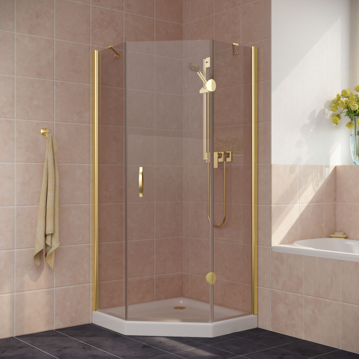 Душевой уголок Vegas Glass AFA-Pen LUX 110 09 05 R, профиль золото глянцевое, стекло бронза