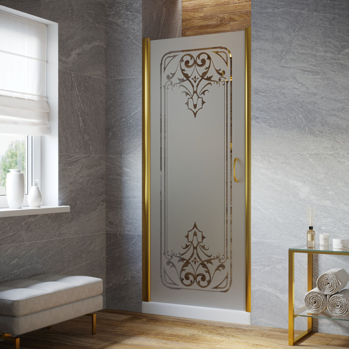 Душевая дверь в нишу Vegas Glass EP LUX 85 09 ARTDECO D2 L, профиль золото глянцевое, стекло сатин, рисунок прозрачный