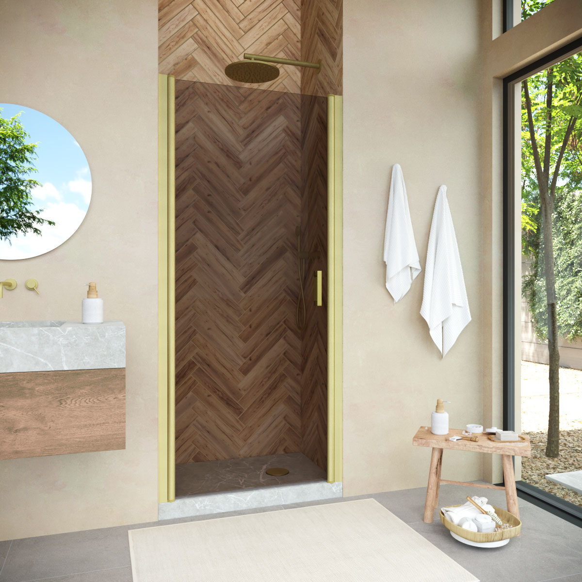 Душевая дверь в нишу Vegas Glass ЕР NOVO h2000 90 03 05, профиль золото матовое, стекло бронза