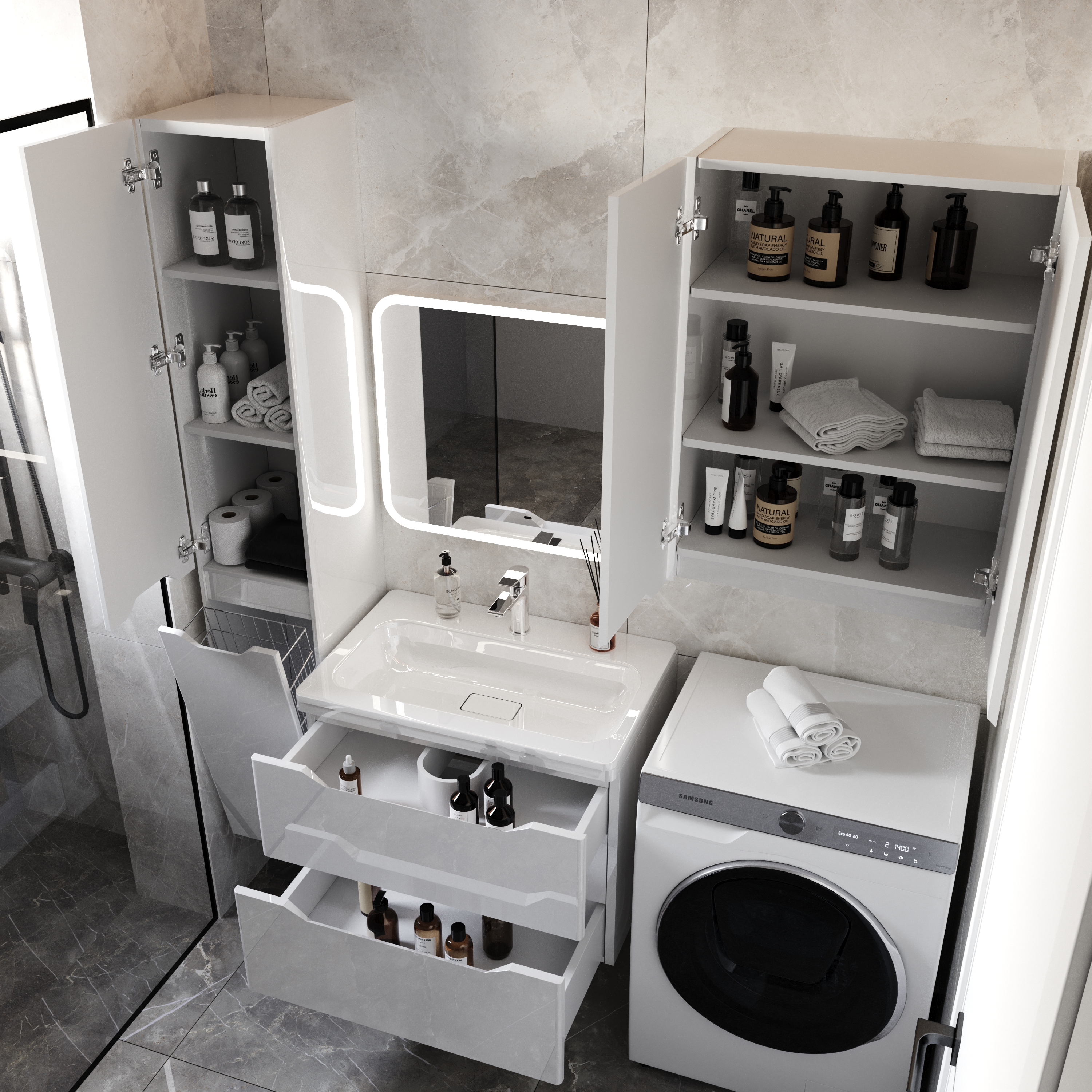 Тумба с раковиной Style Line Марелла 70 2 ящика Люкс антискрейтч белая глянец, Plus подвесная