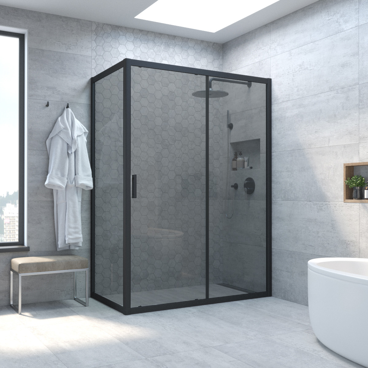 Душевой уголок Vegas Glass ZP+ZPV NOVO 130*90 02М 07, профиль черный матовый, стекло графит