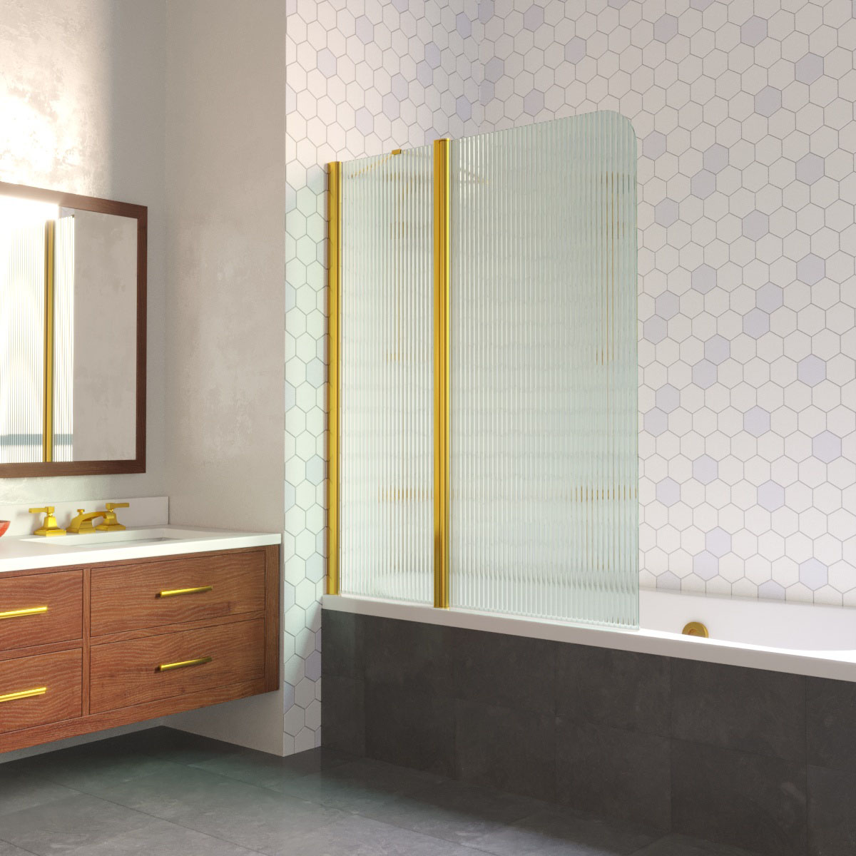 Шторка на ванну Vegas Glass  E2V LUX ST 115 09 Moru L, профиль золото глянцевое, стекло Moru