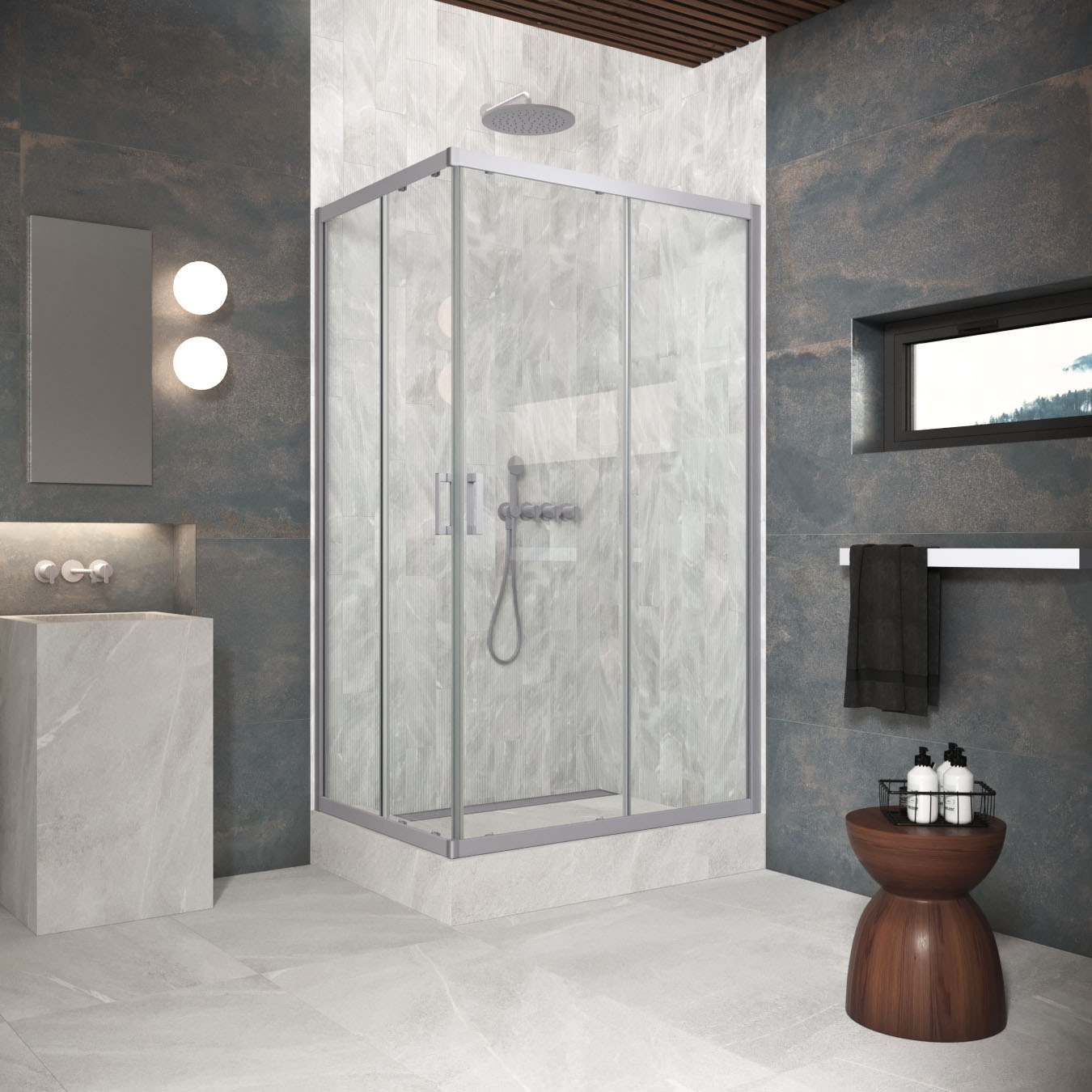 Душевой уголок Vegas Glass ZA-F Protec h1900 90*80 07 01, профиль матовый хром, стекло прозрачное